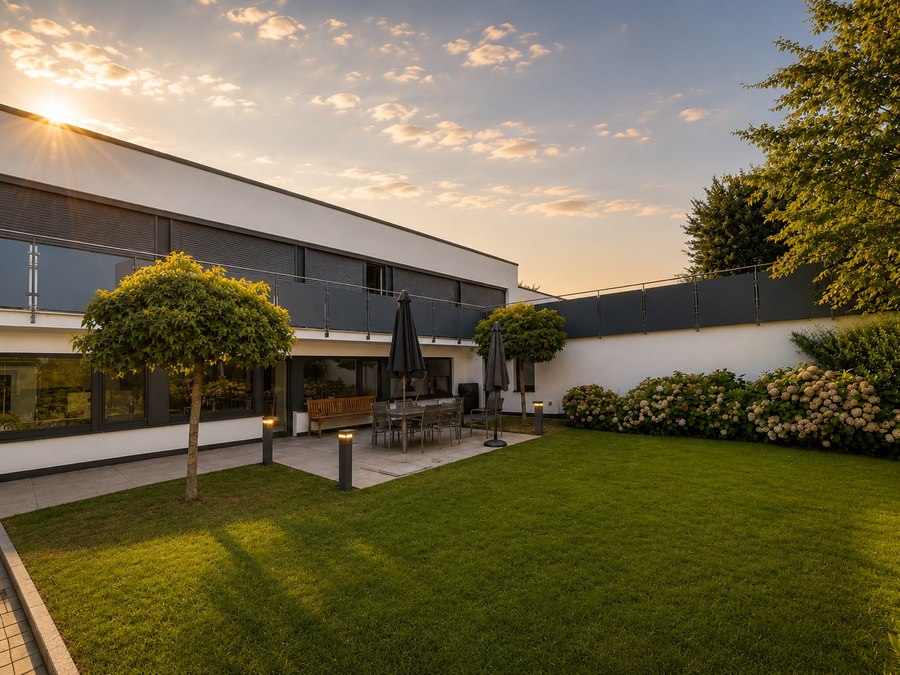 Garten und Terrasse zur goldenen Stunde