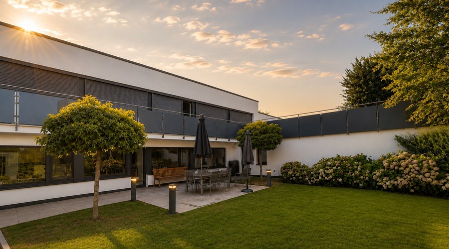 Garden side with terrace and lawn at sunset