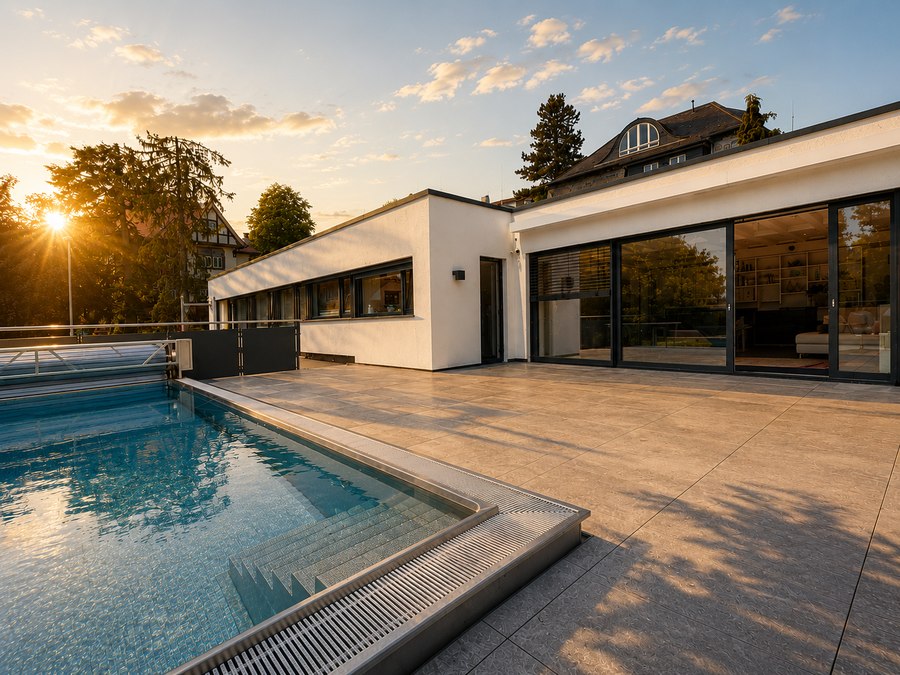 Beheizter Pool und Terrasse im Abendlicht