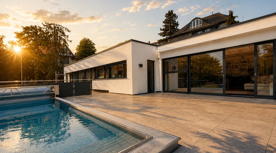 Pool and living level in the evening light